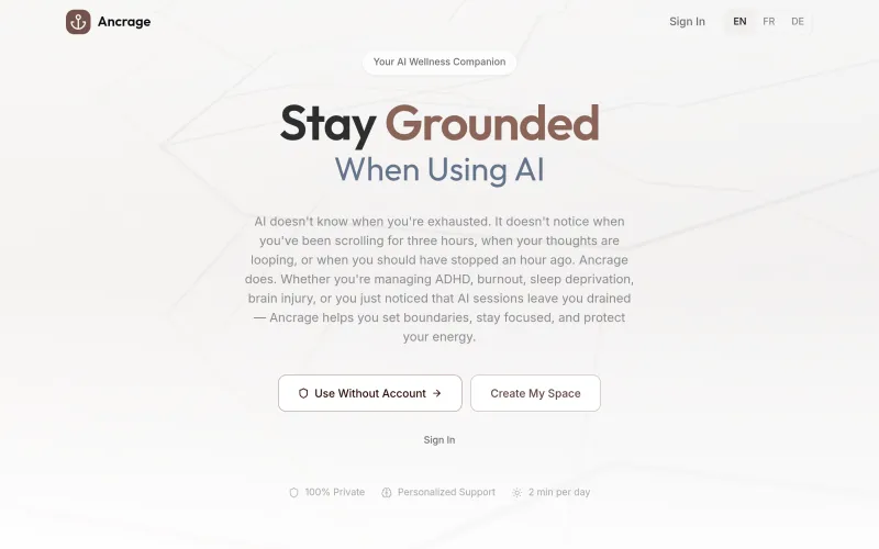 Aperçu de l'app Ancrage — bien-être numérique et accompagnement sain de l'utilisation de l'IA