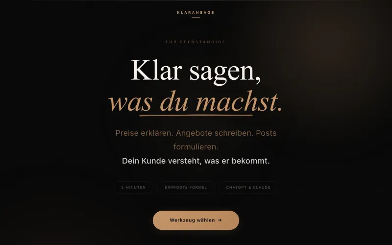 Aperçu de Klaransage — outils pour freelances et indépendants pour clarifier et formuler leur offre